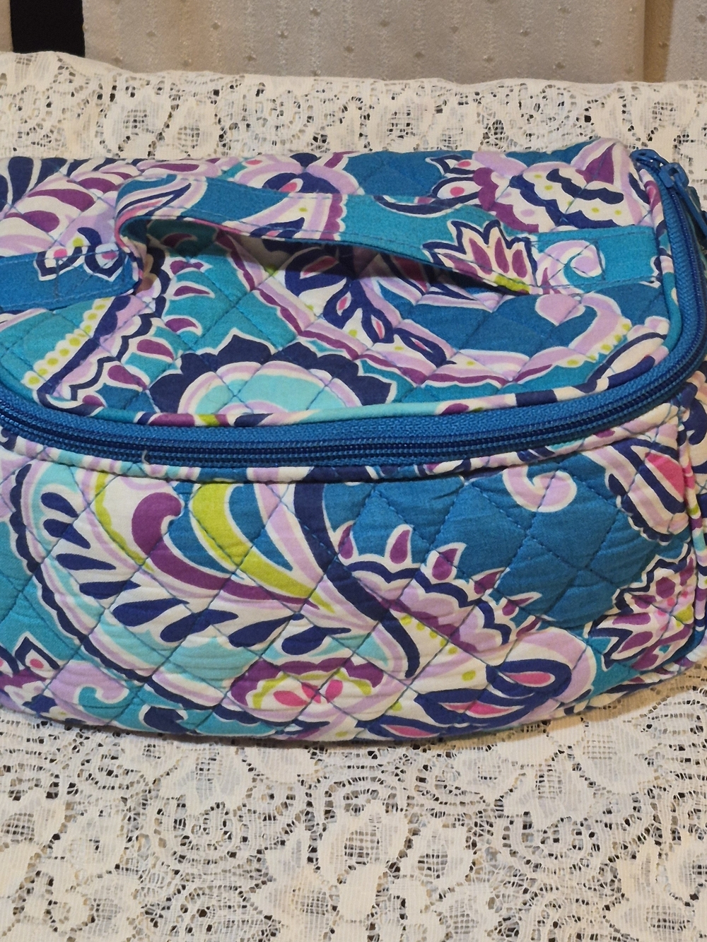 Vera Bradley Waikiki Paisley LargQuilted Floral Cosmetic Case in Teal and Purple